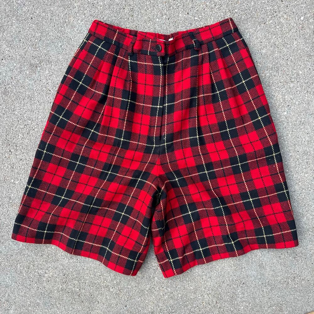 Vintage 90s Pendleton Authentic Wallace Tartan Plaid Red Wool Shorts Pleated 8